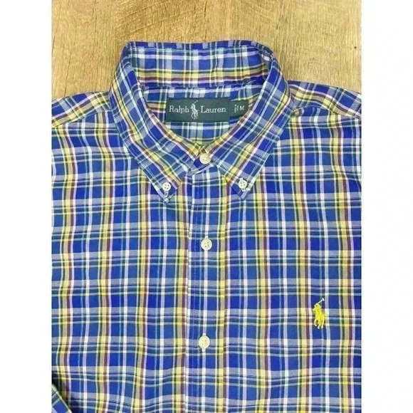 Ralph Lauren Men’s Medium Plaid Check Pony Logo Shirt Yellow Blue L/S - Picture 3 of 8